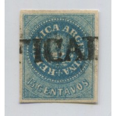 ARGENTINA 1862 GJ 09 ESCUDITO de 15 Cts. EJEMPLAR CON MATASELLO CERTIFICADO DE MENDOZA CON PEQUEÑOS ADELGAZAMIENTOS, AMPLIOS MARGENES U$ 245 + 100 %